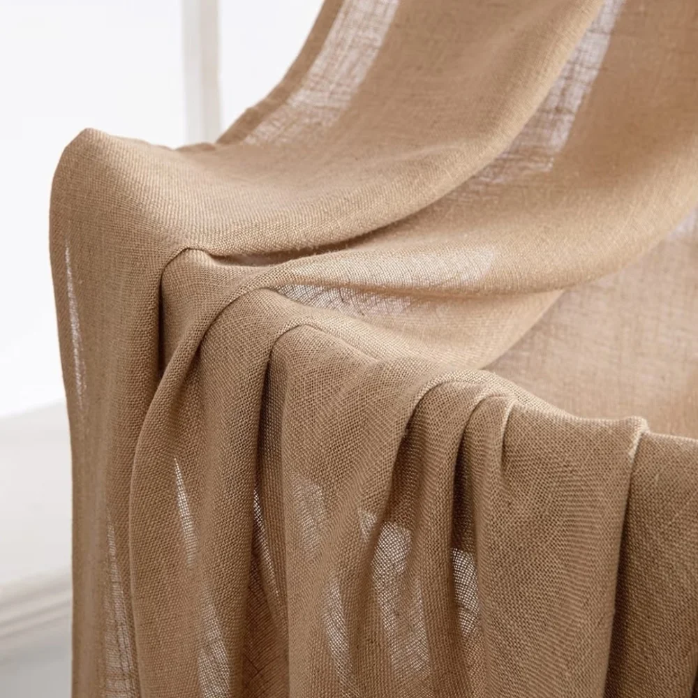 2 Light Brown Linen Color 52Wx63L Textured Burlap Semi Sheer Curtain Panels